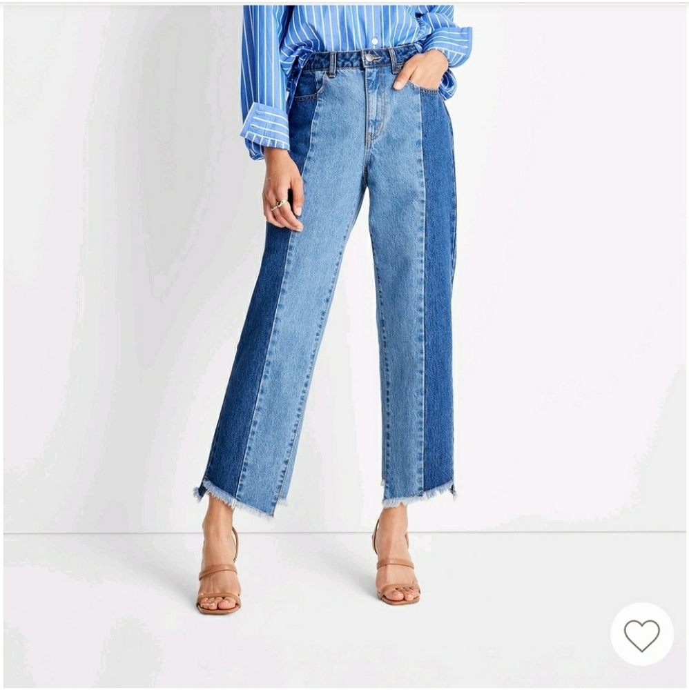 Future Collective with Kahlana Barfield Brown Mid-Rise Two-Tone Straight Jeans